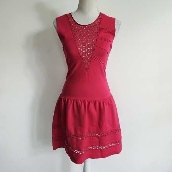 Maje "Acrobat" Hot Pink Eyelet Drop Waist Dress - Picture 3 of 12